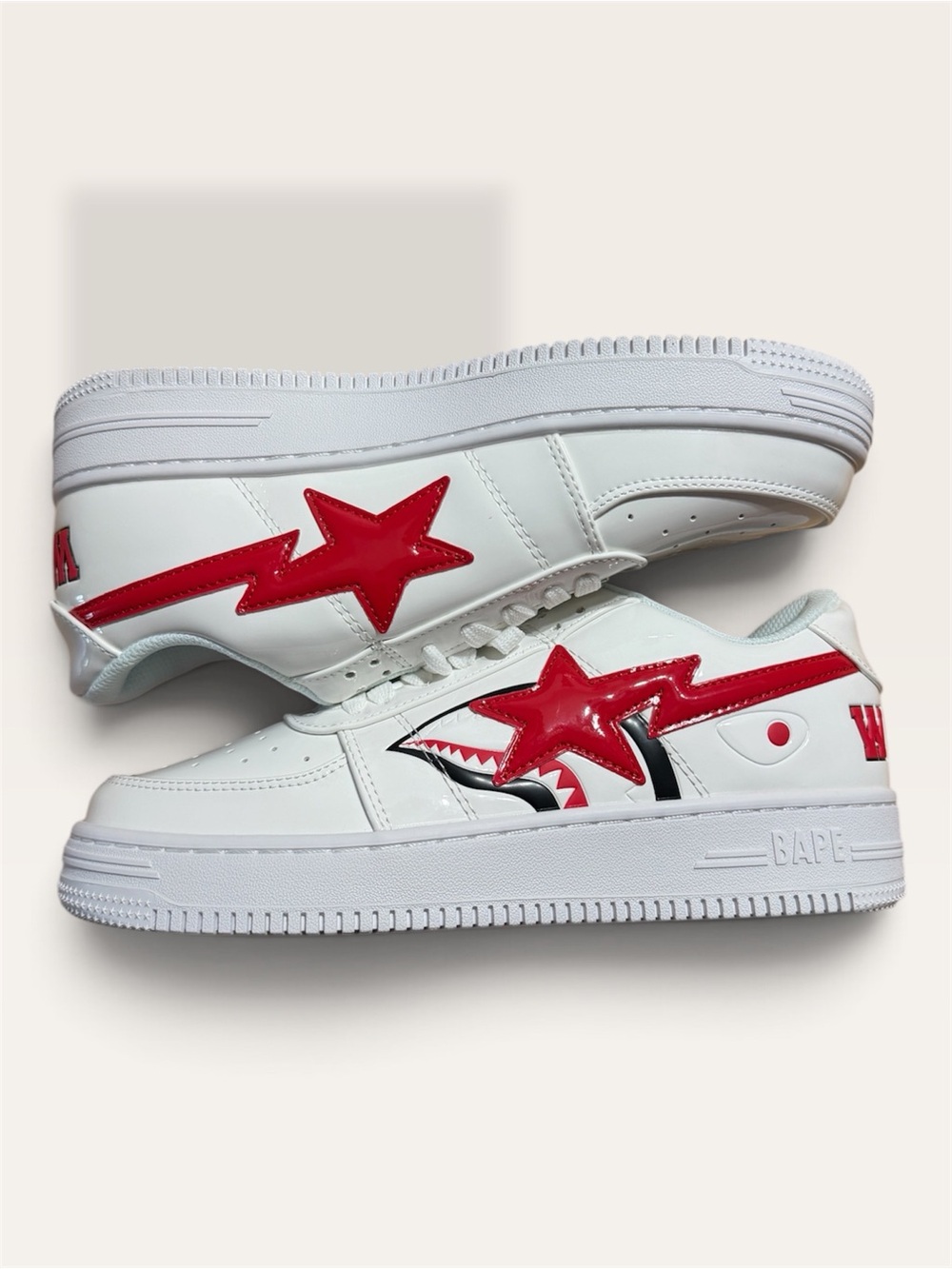 Bape White Sneakers with Red Star Shark Graphic